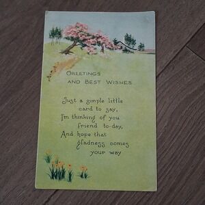 Antique Greetings Postcard Cottage Scene Pink Blossoms‎ Litho USA Divided Back